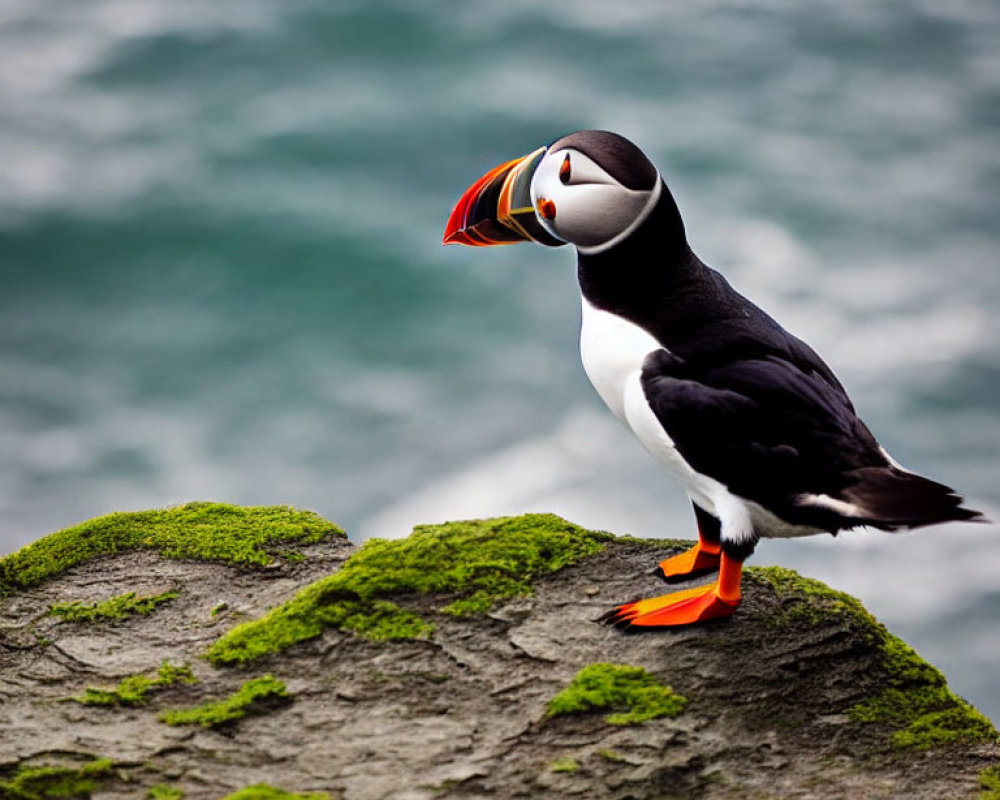 Puffin on Mossy Cliff Overlooking Sea