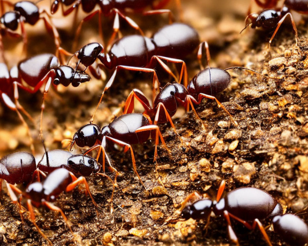 Detailed view of shiny black ants on textured surface