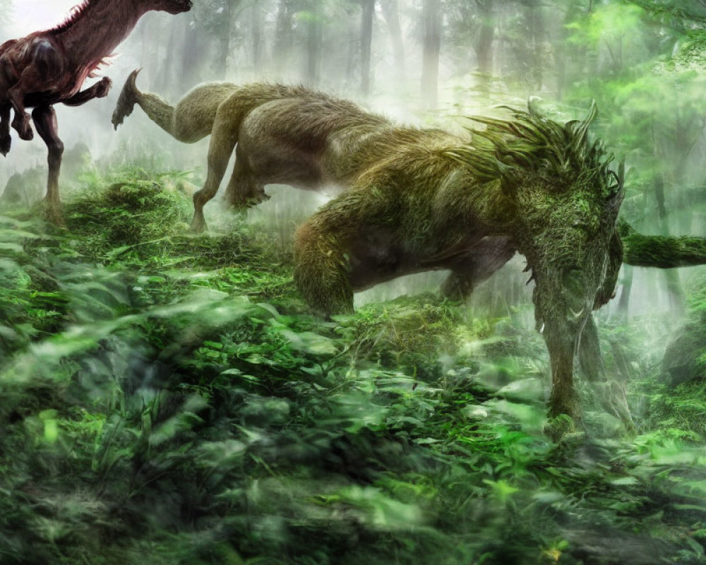 Green-maned lion-like creature with antlers chased in misty forest