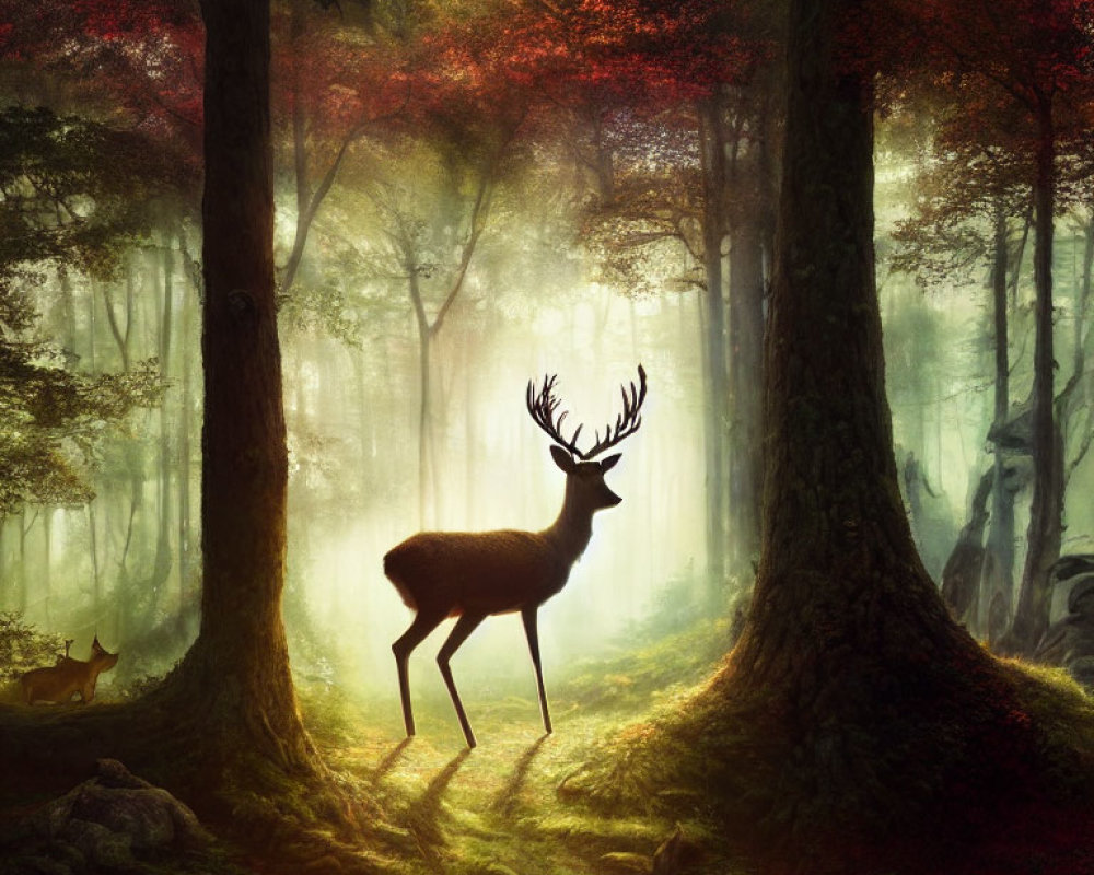 Majestic stag in sunlit forest with red-leaved trees and fox