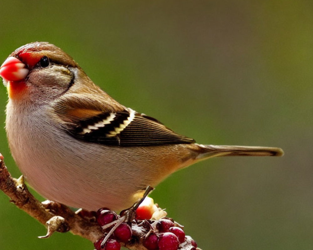 Brown, White, and Black Bird Perched on Branch with Red Berries