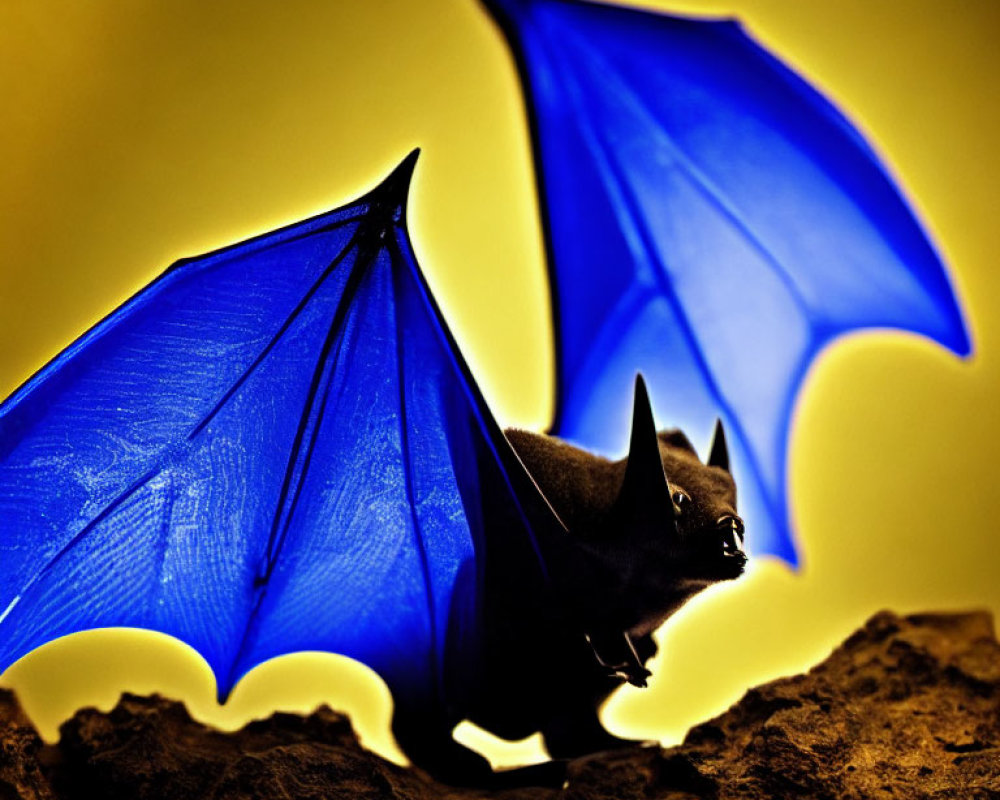 Silhouetted bat with blue wings on golden background