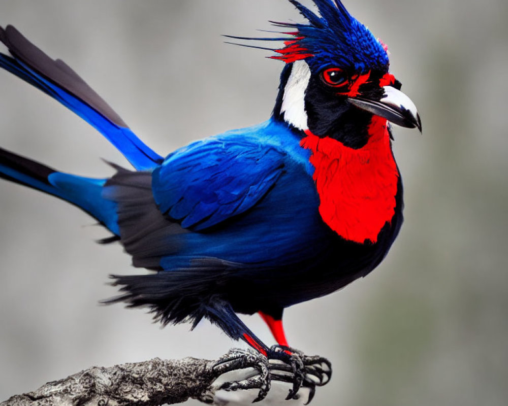 Colorful Blue and Red Bird with Black Crown Perched on Branch