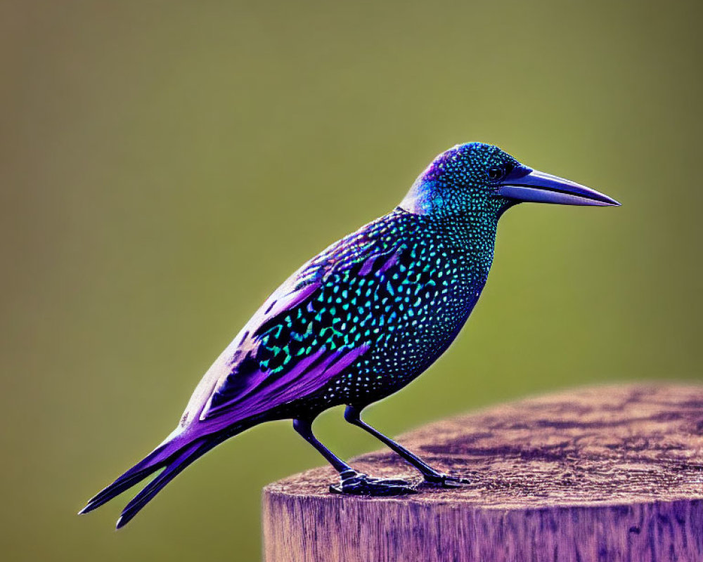 Colorful Starling with Iridescent Feathers on Wooden Post