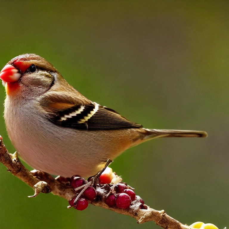 Brown, White, and Black Bird Perched on Branch with Red Berries