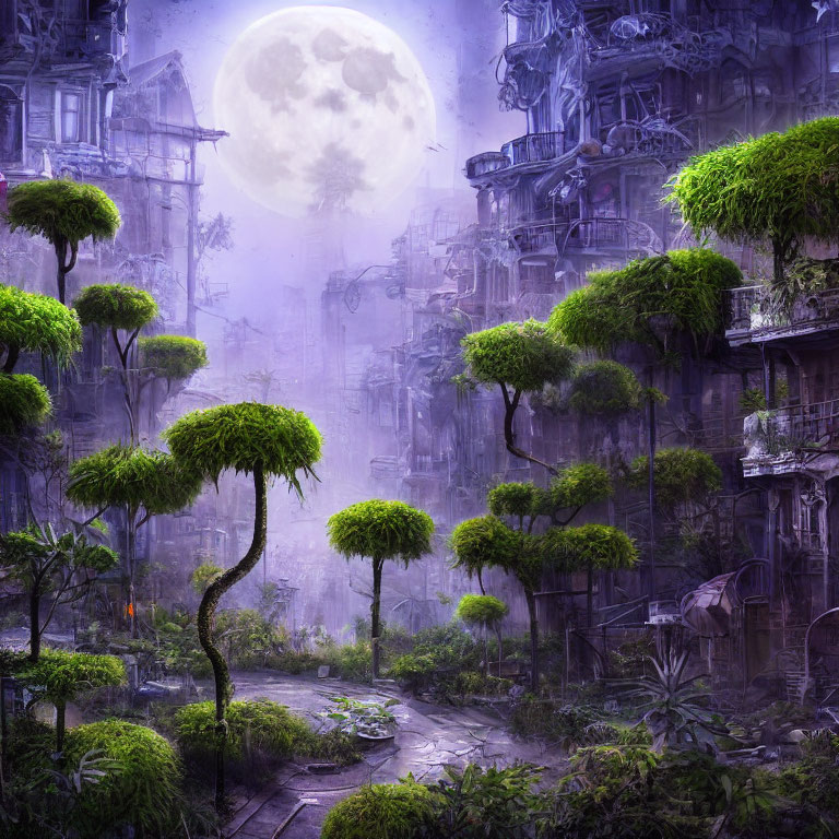 Overgrown cityscape at night with lush greenery, abandoned buildings, and bright full moon.