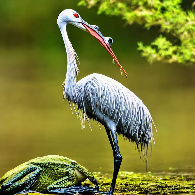 White cranes with red and black markings in courtship dance among lush greenery