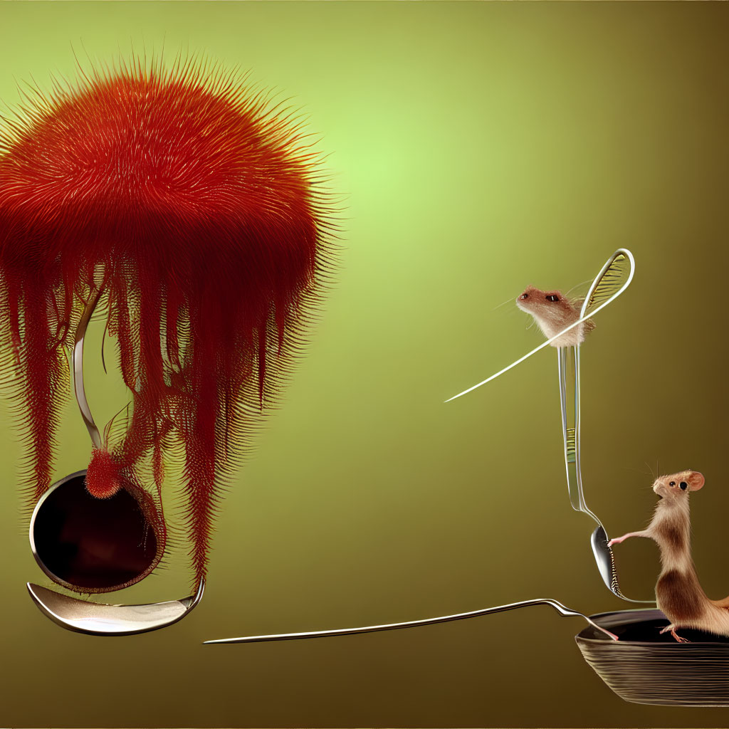 Two mice with cherry and cutlery on spoon against green background