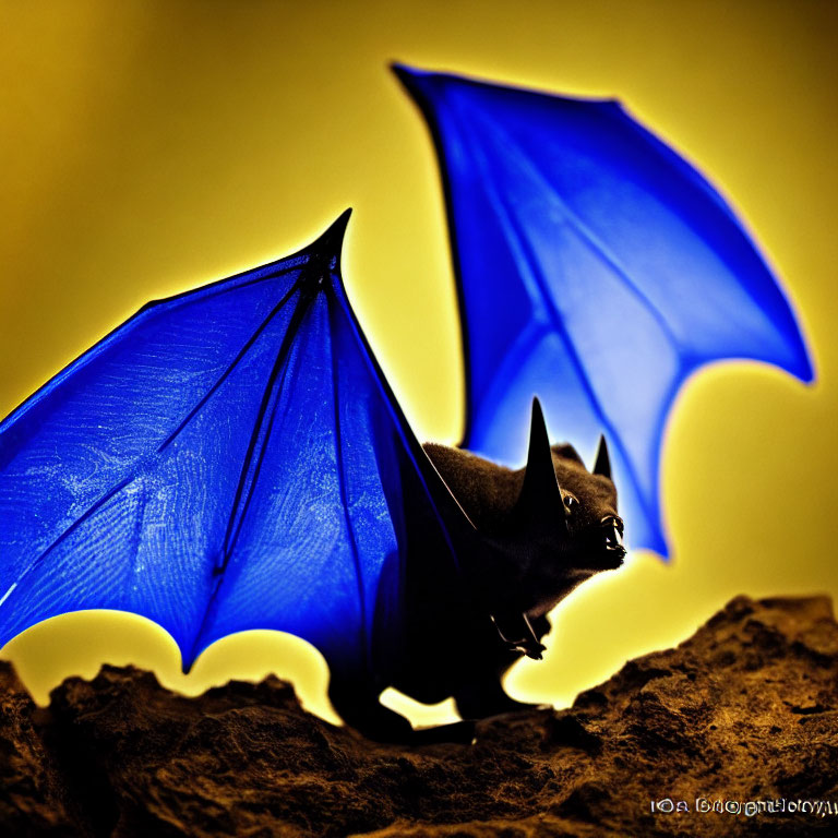 Silhouetted bat with blue wings on golden background