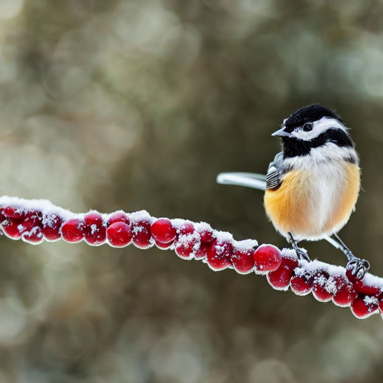 Black-Capped Chickadee on Frost-Covered Branch with Red Berries