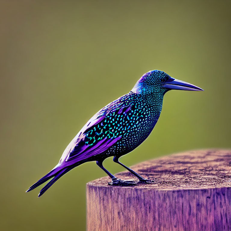 Colorful Starling with Iridescent Feathers on Wooden Post