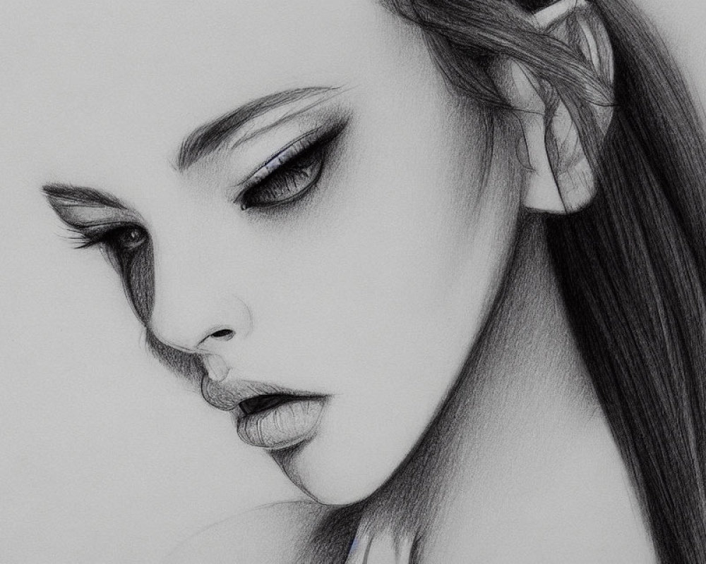 Detailed pencil sketch of woman's side profile with pronounced eyelashes, subtle lips, refined eyebrows