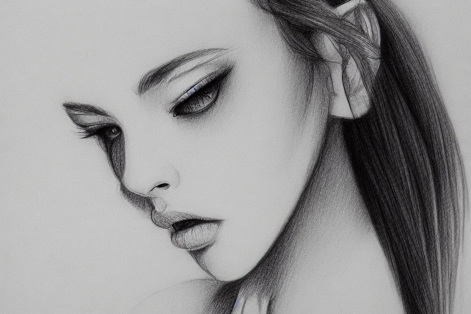 Detailed pencil sketch of woman's side profile with pronounced eyelashes, subtle lips, refined eyebrows