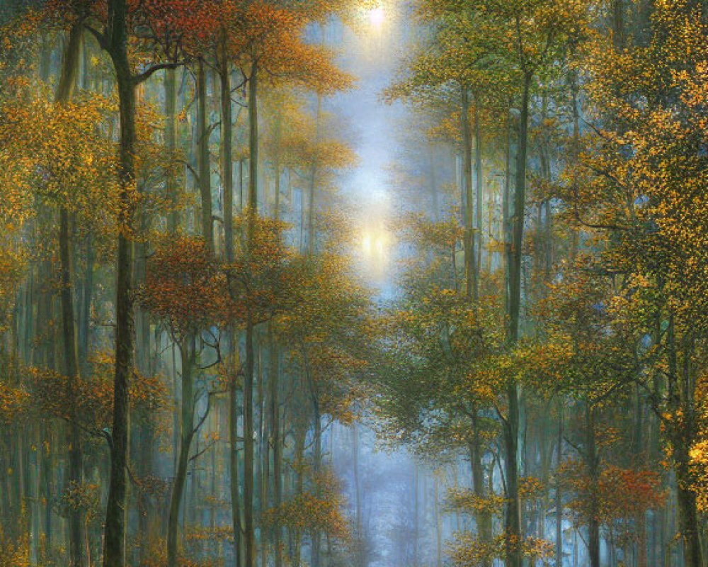 Tranquil autumn forest scene with misty waterway and floating boat