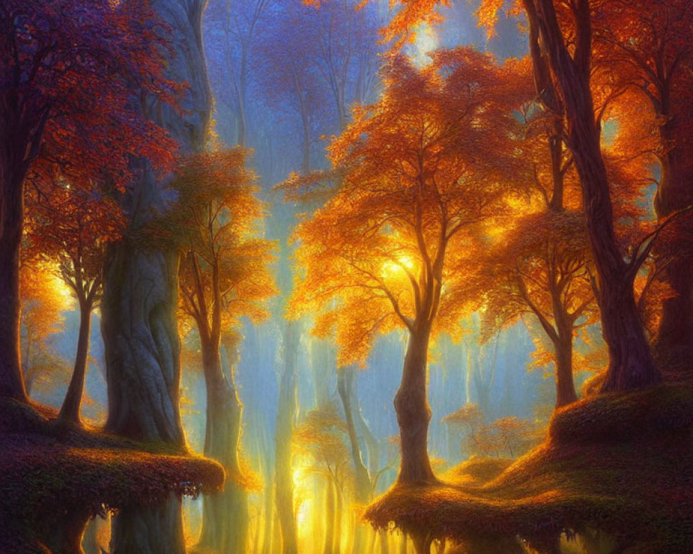 Tranquil forest scene with vibrant autumn foliage and sunlight piercing mist