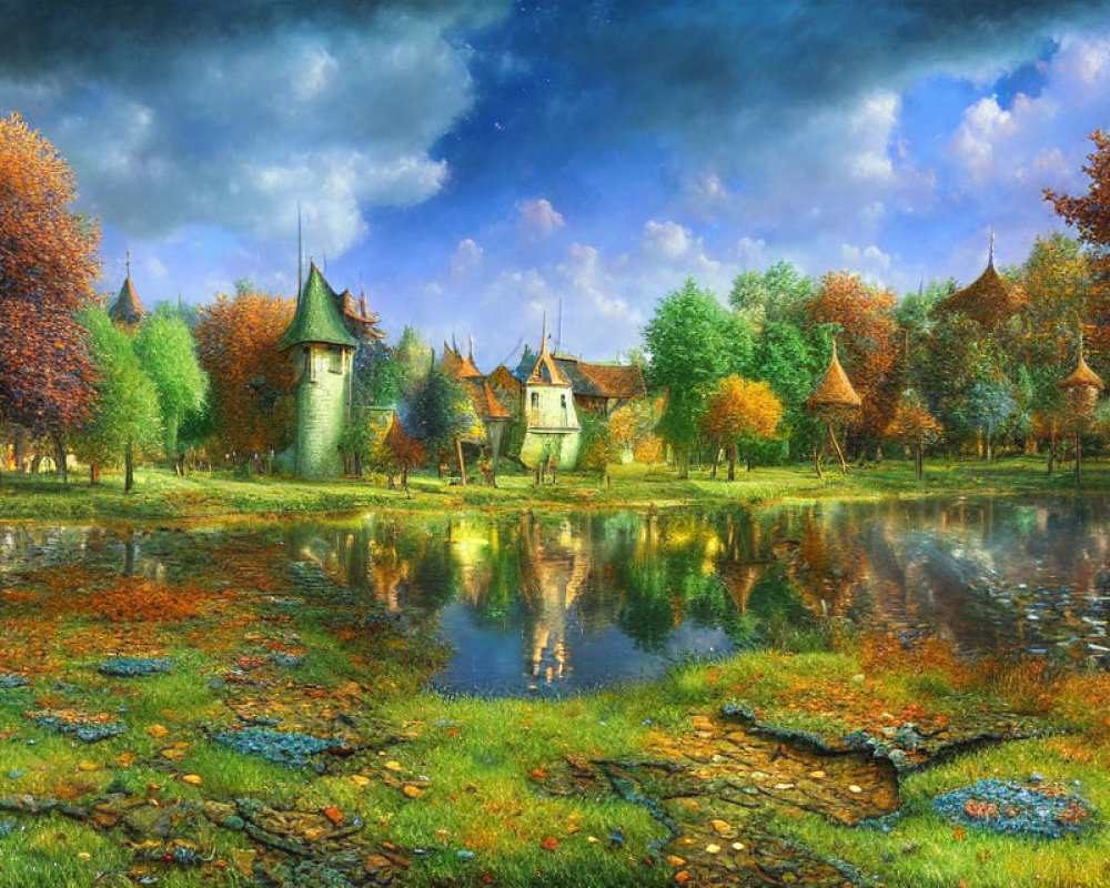 Fantasy landscape with whimsical towers and autumn foliage