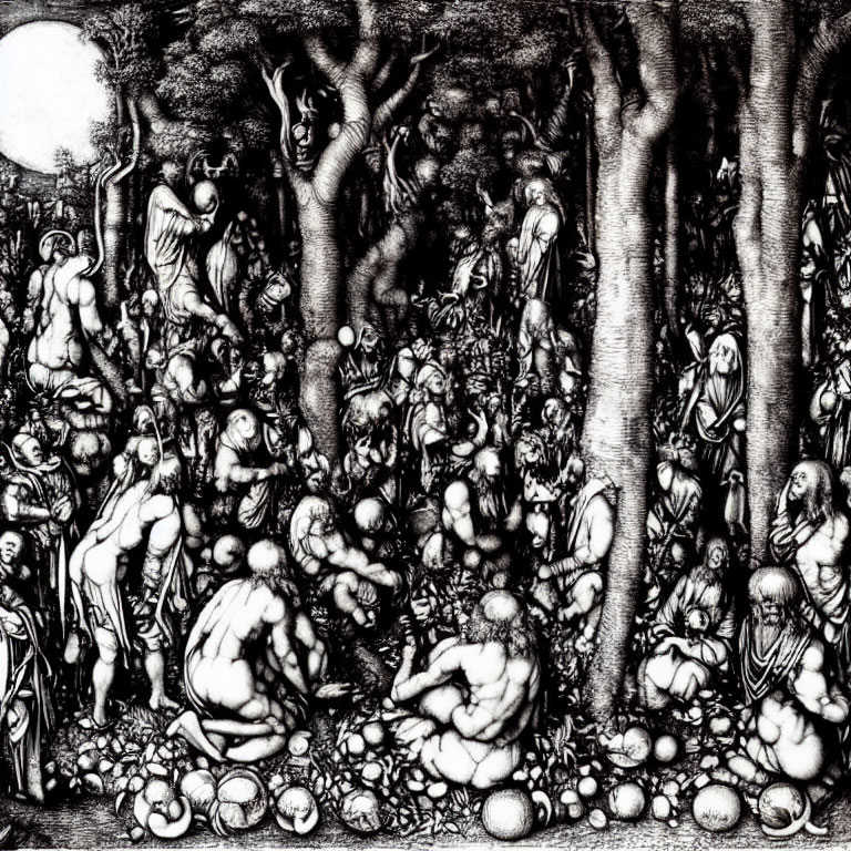 Detailed Black and White Etching of Nude Figures in Forest