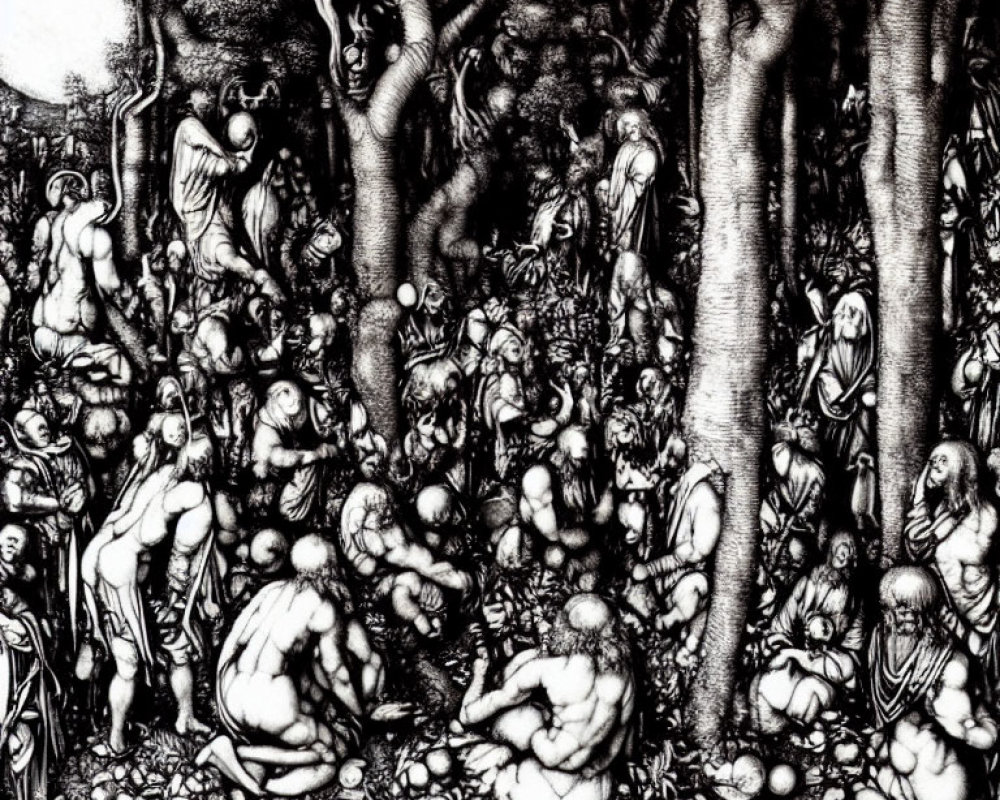 Detailed Black and White Etching of Nude Figures in Forest