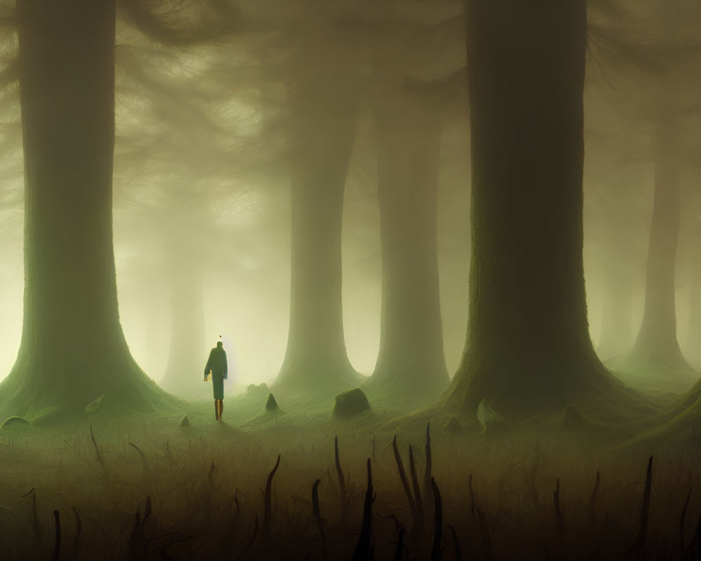 Misty forest with towering trees and silhouettes of people in ethereal glow