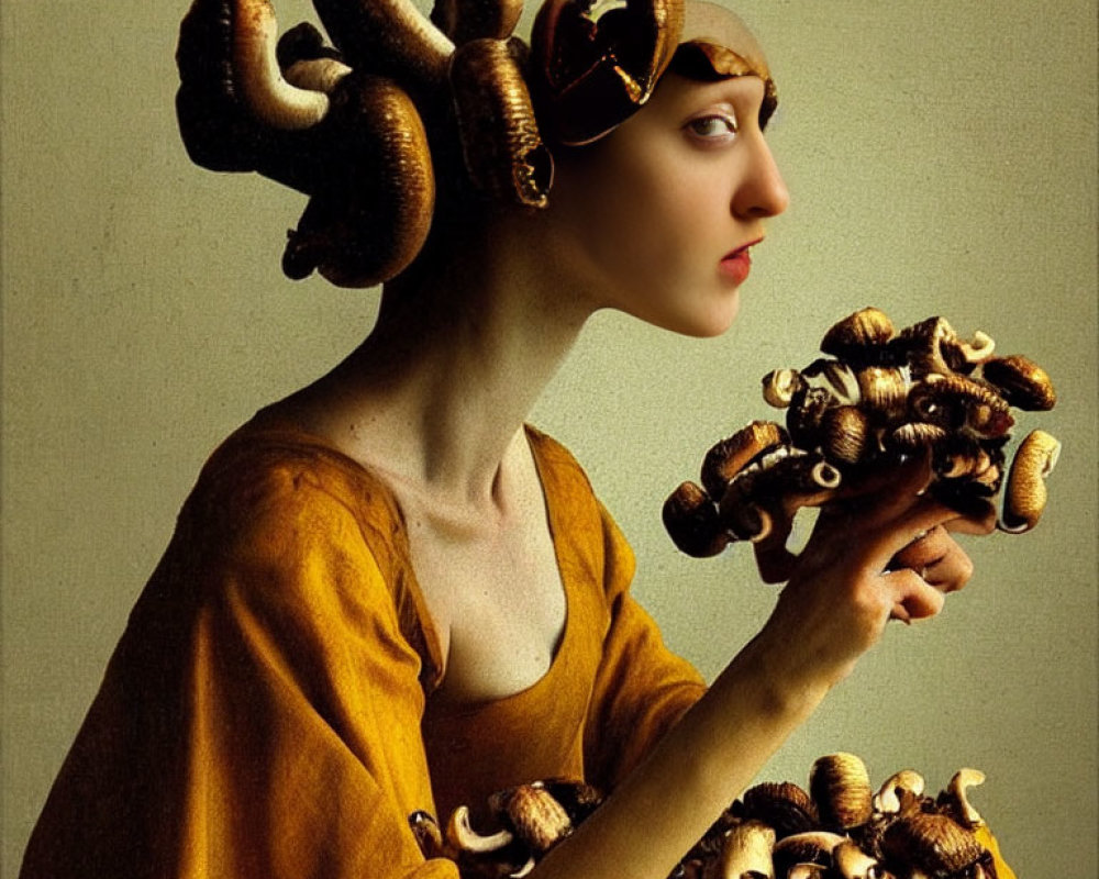 Person with serpentine hair and golden headpiece gazes sideways, holding snakes.