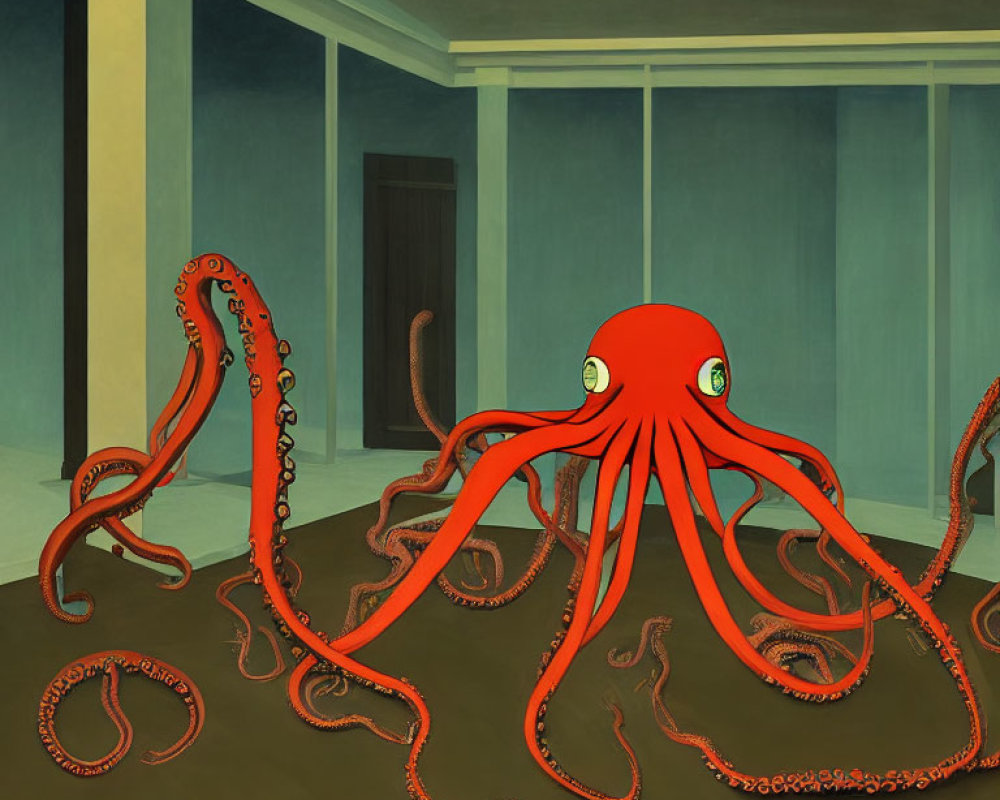 Large Red Octopus in Surreal Classical Interior Space