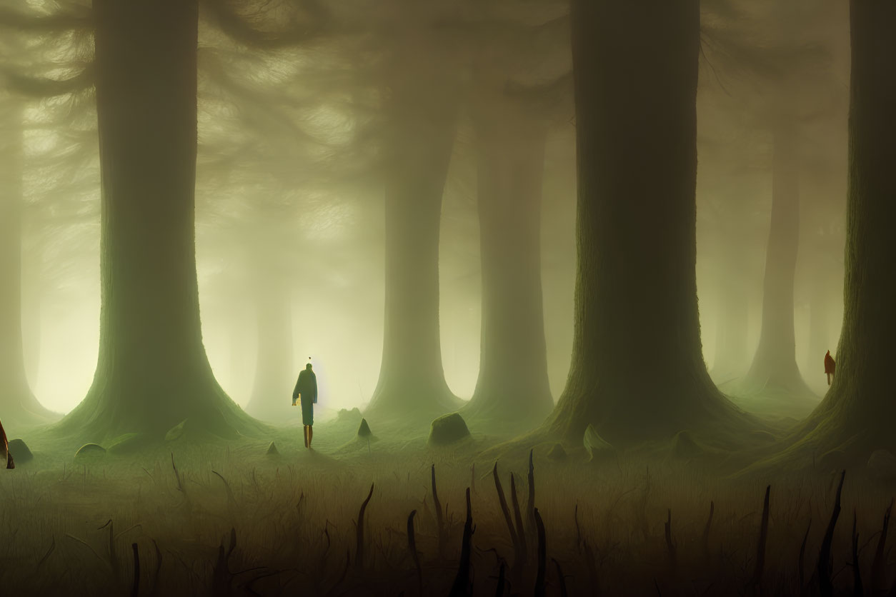 Misty forest with towering trees and silhouettes of people in ethereal glow