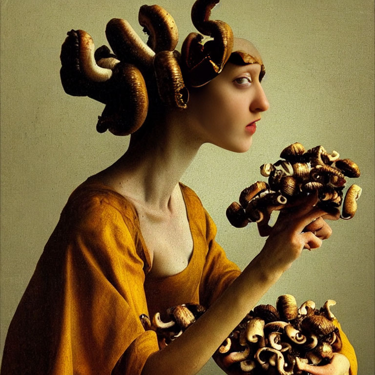 Person with serpentine hair and golden headpiece gazes sideways, holding snakes.