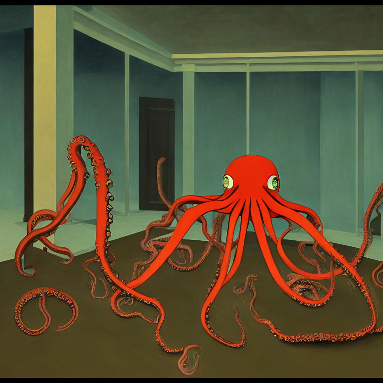 Large Red Octopus in Surreal Classical Interior Space