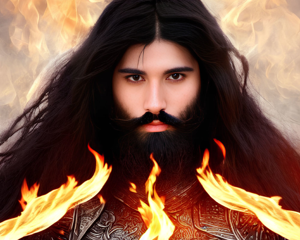 Man with Dark Beard and Mustache Surrounded by Flames