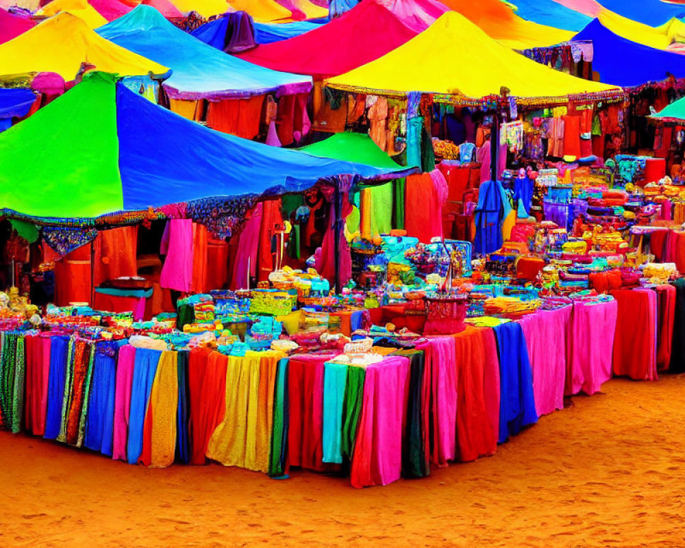 Colorful Outdoor Market with Vibrant Canopies and Assorted Goods