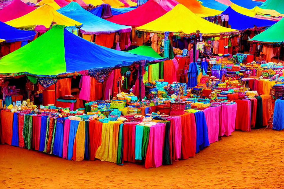 Colorful Outdoor Market with Vibrant Canopies and Assorted Goods