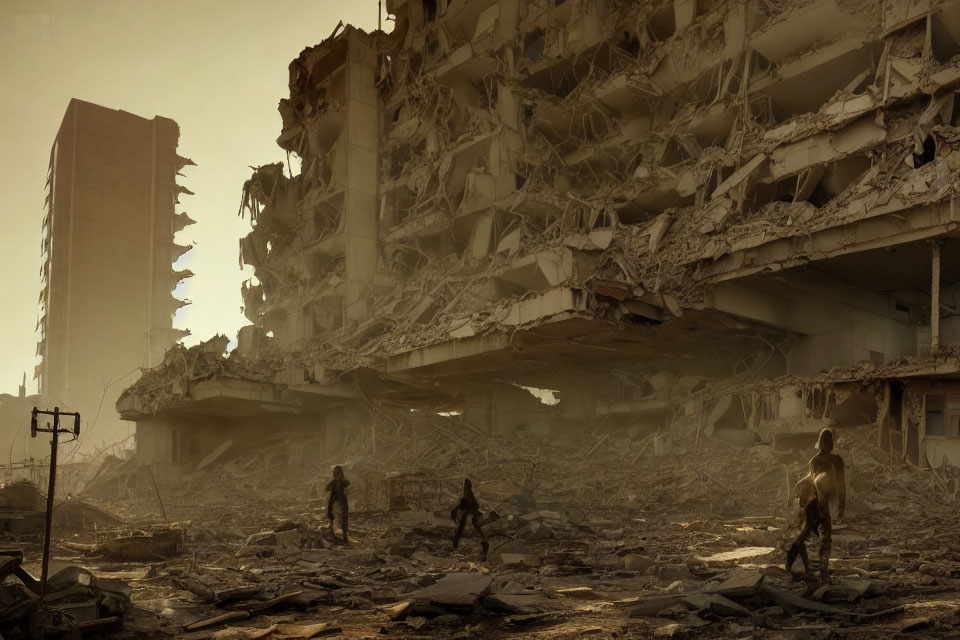 Survivors walking in post-apocalyptic ruins under hazy sky