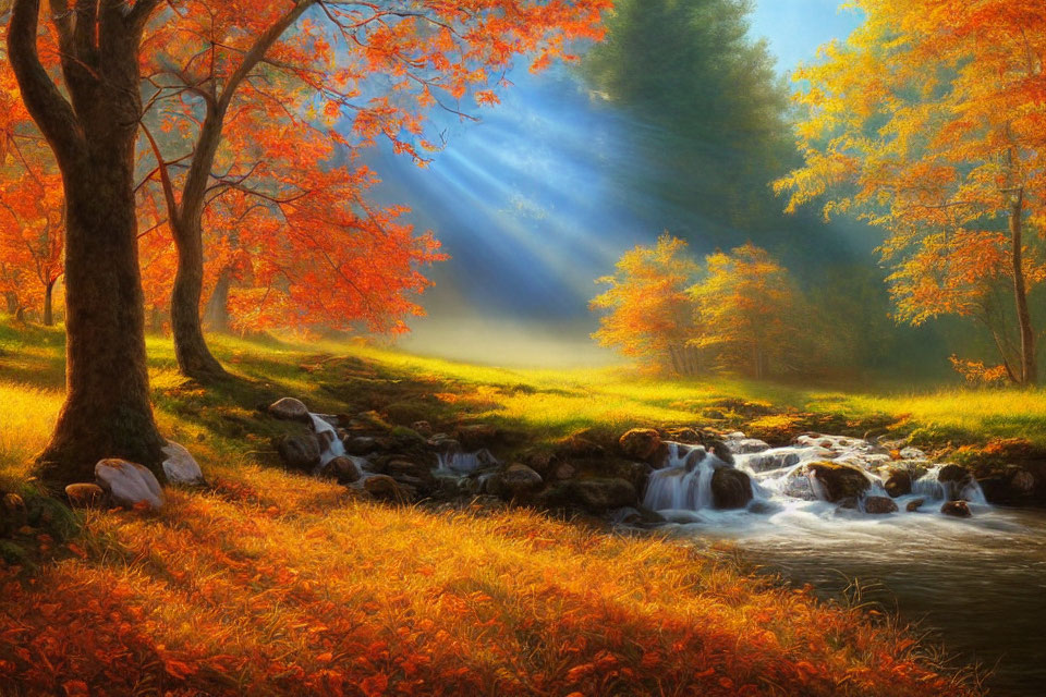 Autumn Scene: Sunbeams on Babbling Brook and Orange Leaves