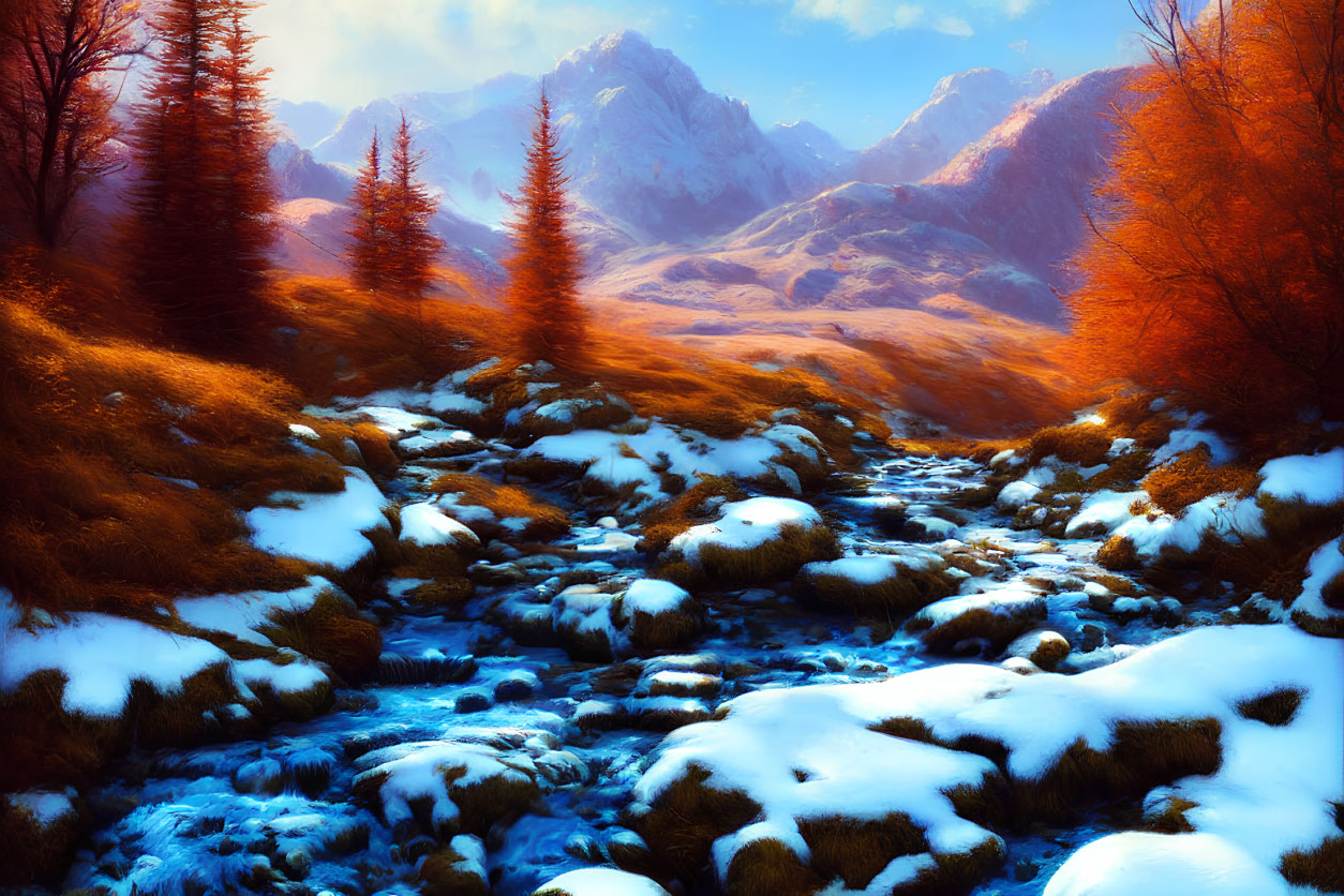 Scenic autumn landscape with stream, golden fields, snow-capped stones, fiery trees, and blue