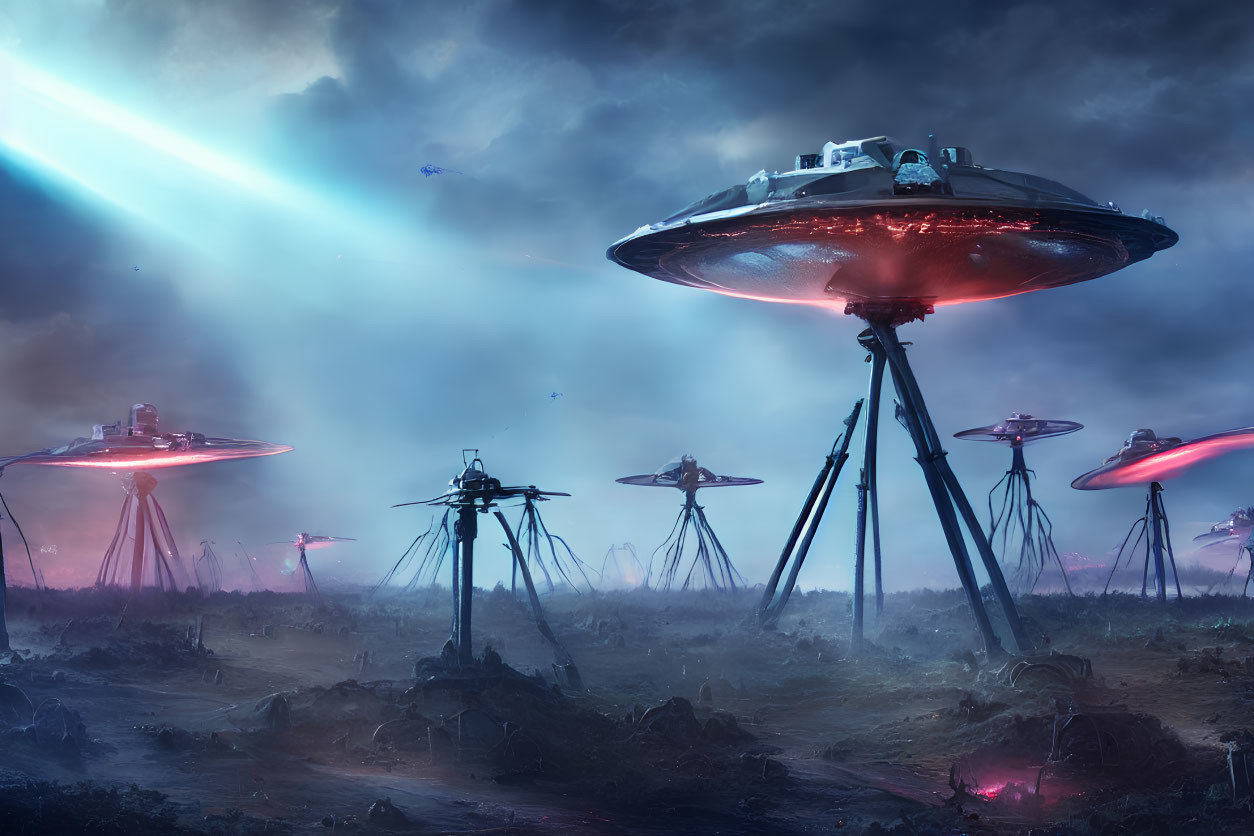 Multiple UFOs hover over war-torn landscape with shining beams.