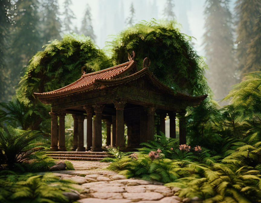 Ancient Pagoda in Fern Forest with Sunbeams