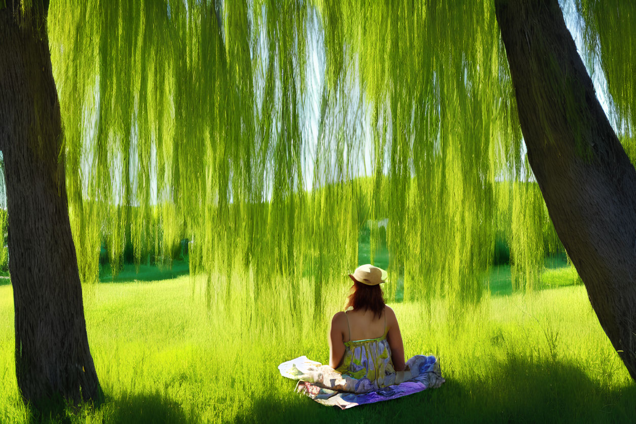 Person reading book under willow trees in sunny park