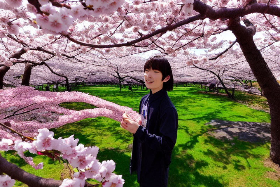 Person smiling under blooming cherry blossom trees in lush park