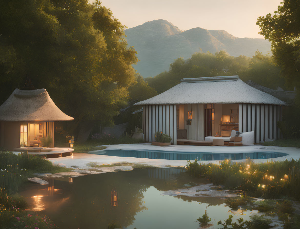 Thatched-Roof Building Overlooking Pool and Mountains at Dusk