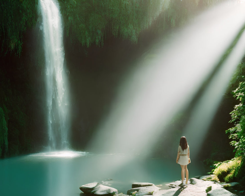 Person standing on rocks near majestic waterfall with sunbeams piercing through mist