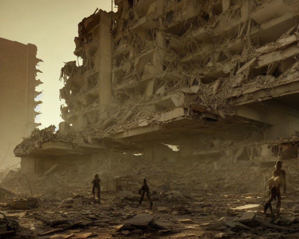 Survivors walking in post-apocalyptic ruins under hazy sky