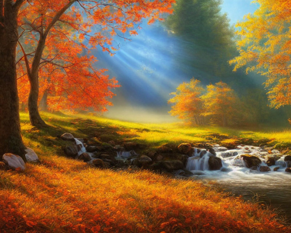 Autumn Scene: Sunbeams on Babbling Brook and Orange Leaves