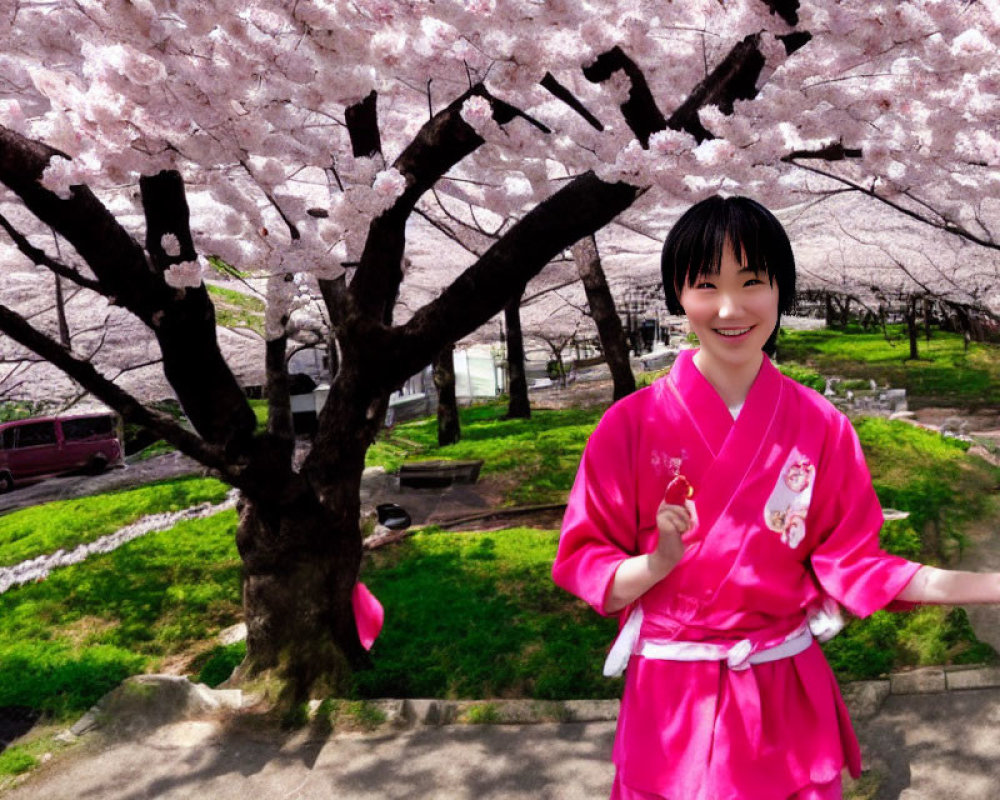 Person in pink kimono smiles under cherry blossoms in park - springtime scene with green grass and