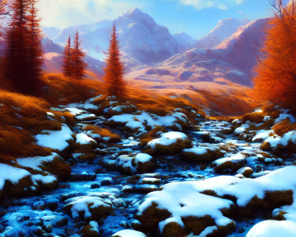 Scenic autumn landscape with stream, golden fields, snow-capped stones, fiery trees, and blue