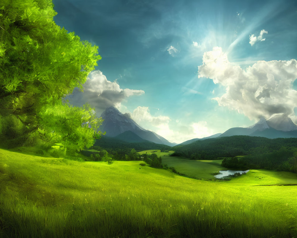 Vivid sky over lush green meadow, mountains, and tranquil lake