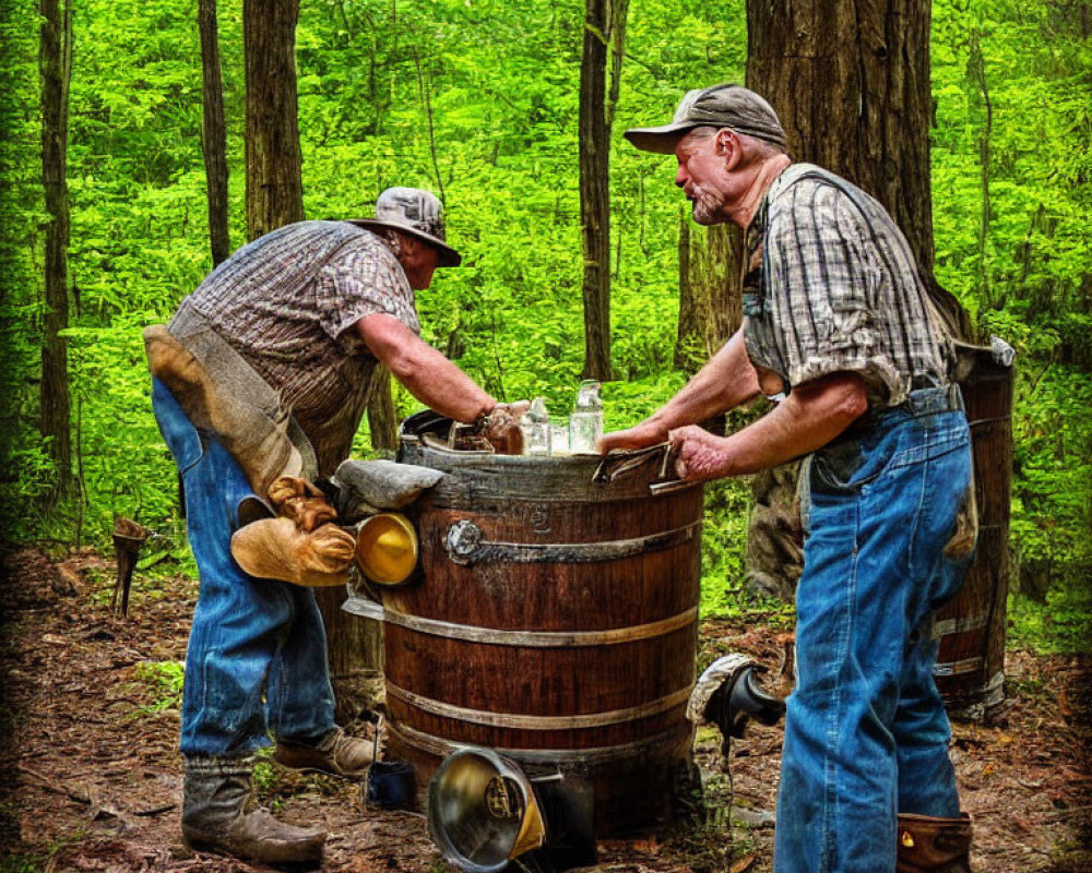 Two Men in Plaid Shirts and Caps Working with a Barrel in Lush Green Forest