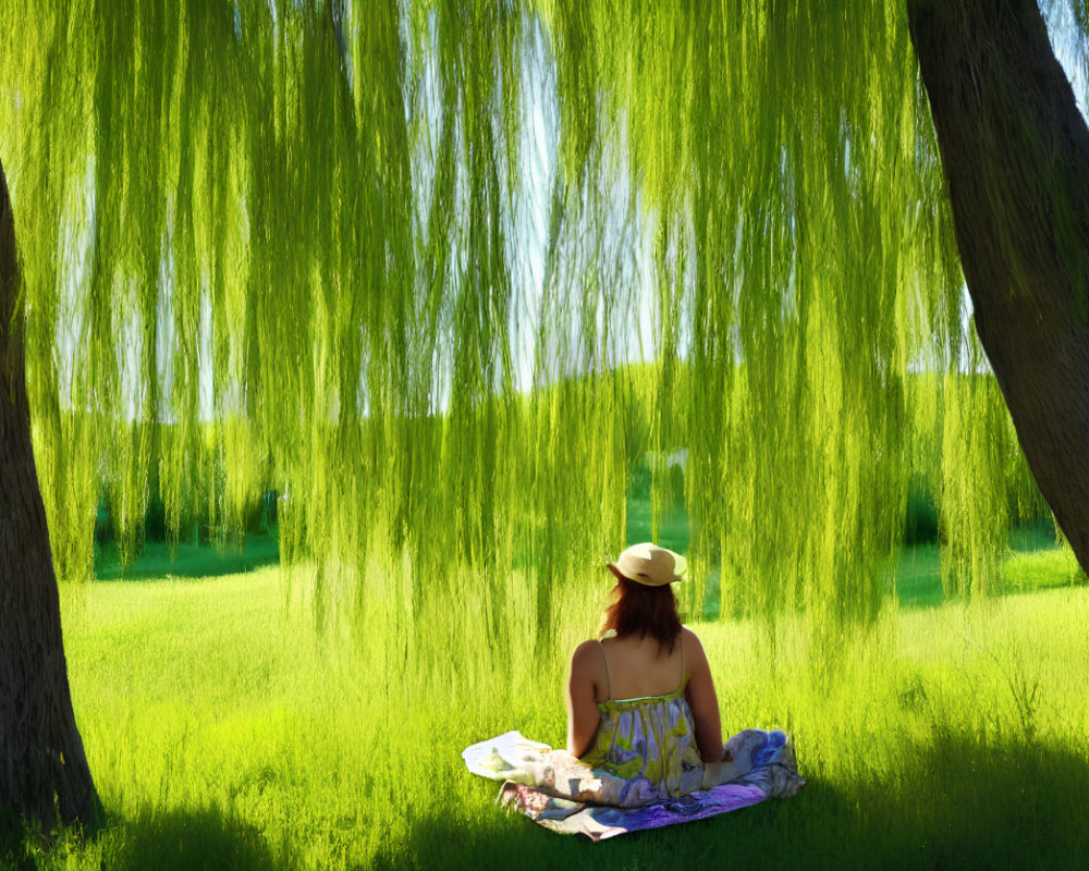 Person reading book under willow trees in sunny park