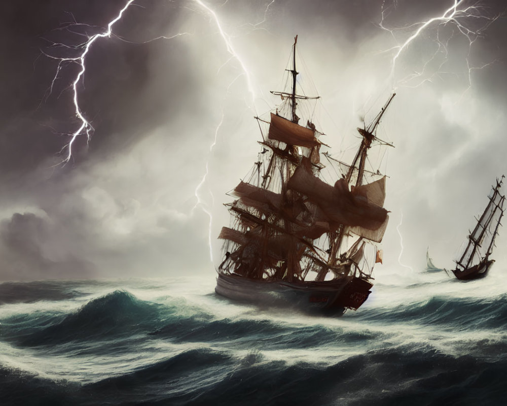 Tall ships in storm with lightning striking skies