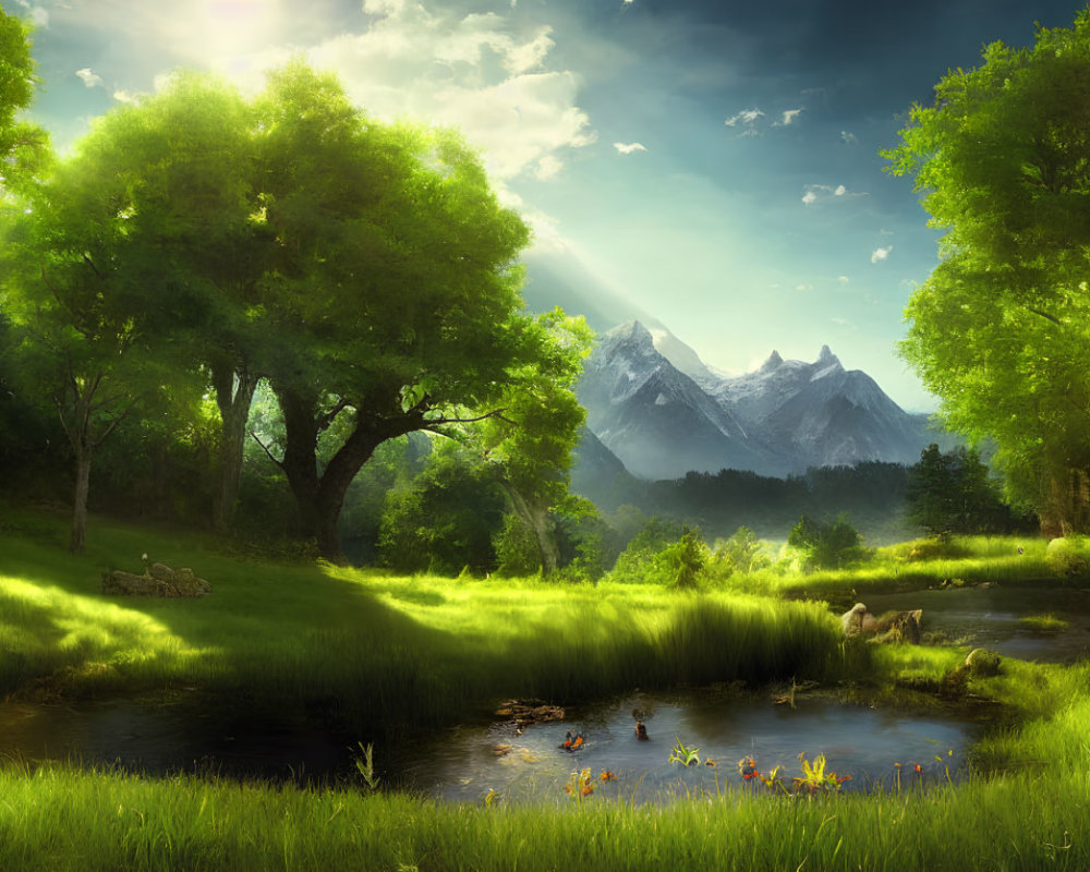 Tranquil Landscape: Green trees, river, flowers, mountains under sunlit sky