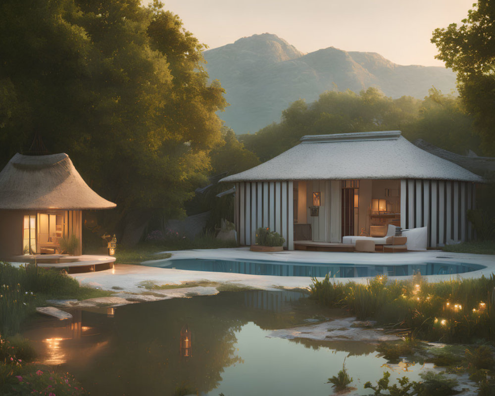 Thatched-Roof Building Overlooking Pool and Mountains at Dusk